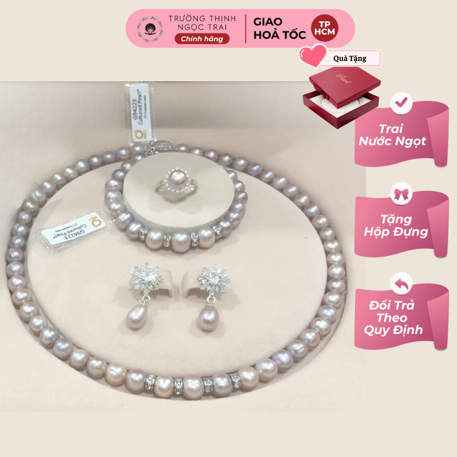 Bộ Trang Sức Ngọc Trai Màu Hồng Phấn Charm Bạc 925 Sang Trọng Làm Quà Tăng, Dự Tiệc - Ngọc Trai Trường Thịnh