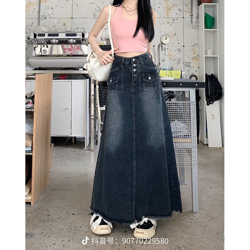 Chân Váy Jean Dáng Dài Cài Cúc Hàng QC. Meoow Closet