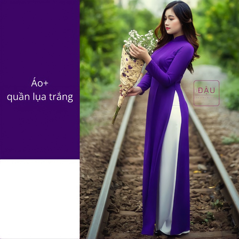 Áo dài tím huế đậm trơn truyền thống may sẵn lụa mỹ cao cấp