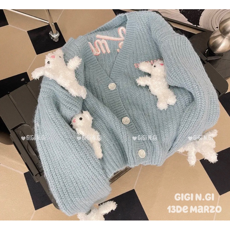 Áo cadigan len gắn gấu 13De