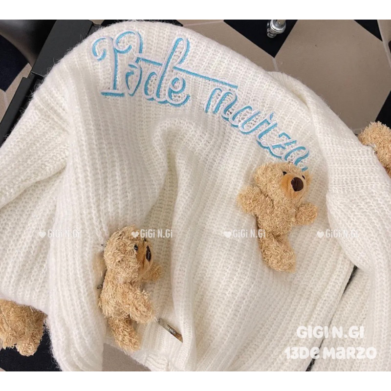 Áo cadigan len gắn gấu 13De