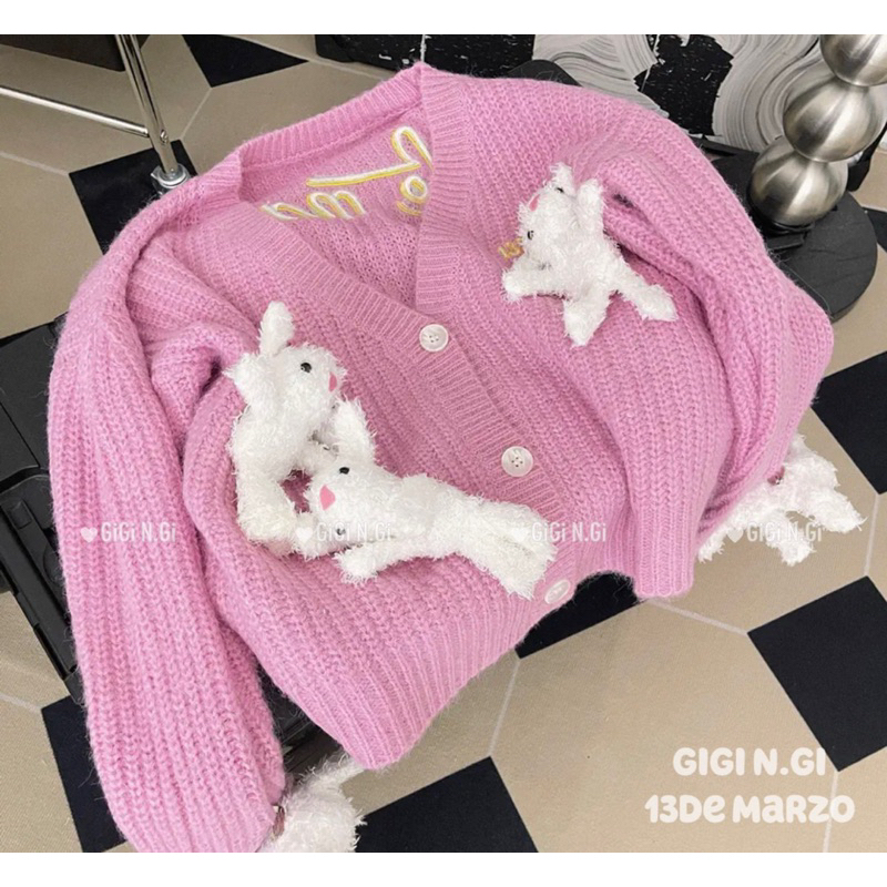 Áo cadigan len gắn gấu 13De