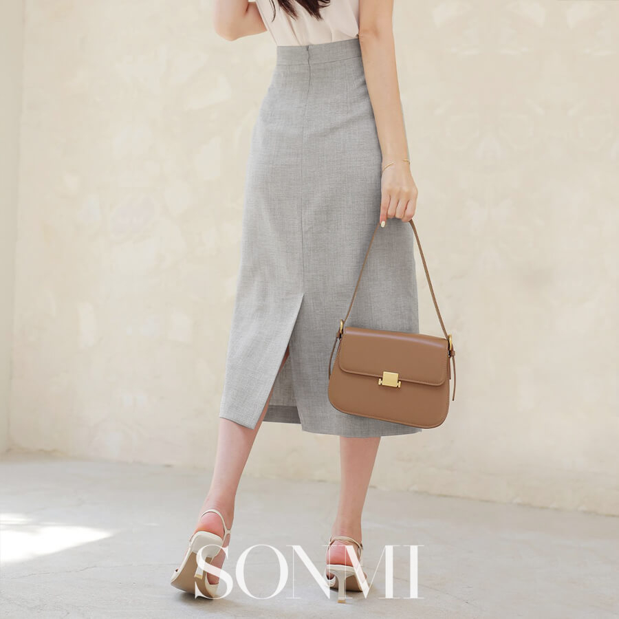 Chân váy dài xẻ tà suông cạp cao ôm công sở SONMI Hàn Quốc thiết kế cao cấp hai lớp màu đen nâu xám SARAHI DIVA SK120