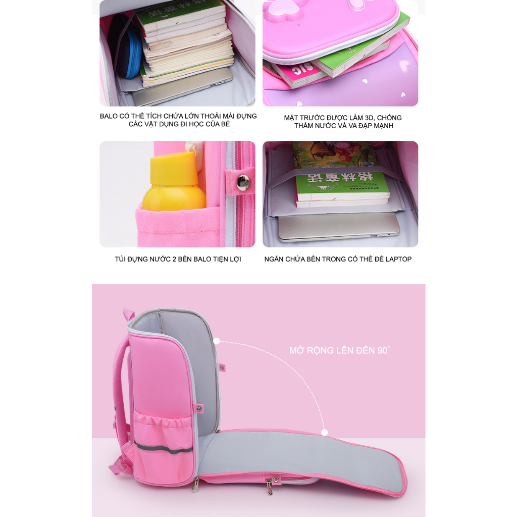 Balo đi học in hình 3D cho bé trai và bé gái, chống thấm nước, ngăn chứa rộng
