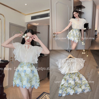 Set váy đầm ren hoa cúc, váy ren hoa cao cấp, áo sơ mi voan tơ cao cấp tay hến bèo, chân váy ren, thiết kế công sở