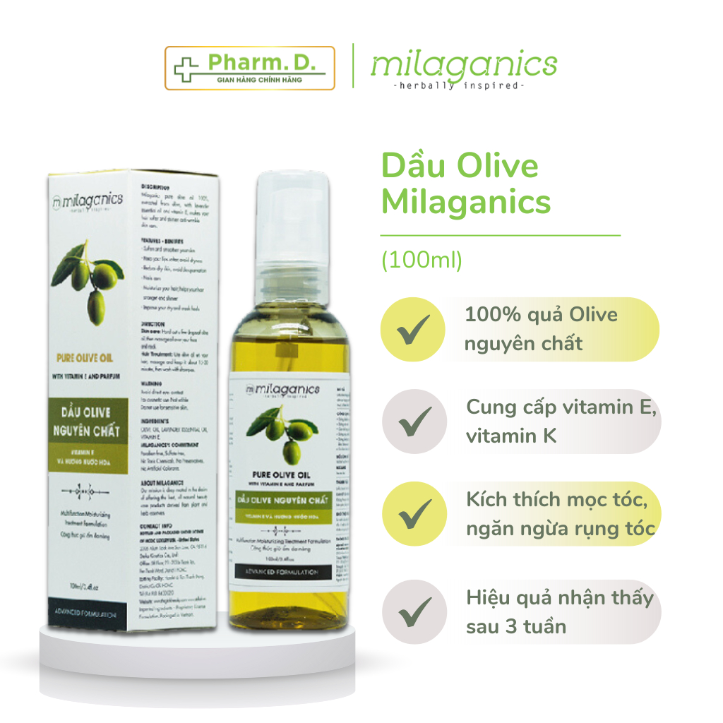 Dầu Oliu Extra Virgin Nguyên Chất MILAGANICS Hỗ Trợ Dưỡng Da, Dưỡng Tóc, Dưỡng Môi (Chai 100ml)