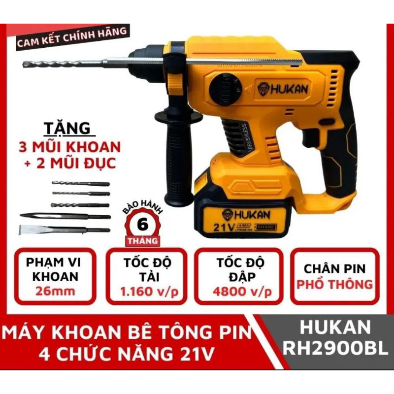 MÁY KHOAN BÊ TÔNG BỐN CHỨC NĂNG HUKAN RH2900BL CHÂN PIN PHỔ THÔNG