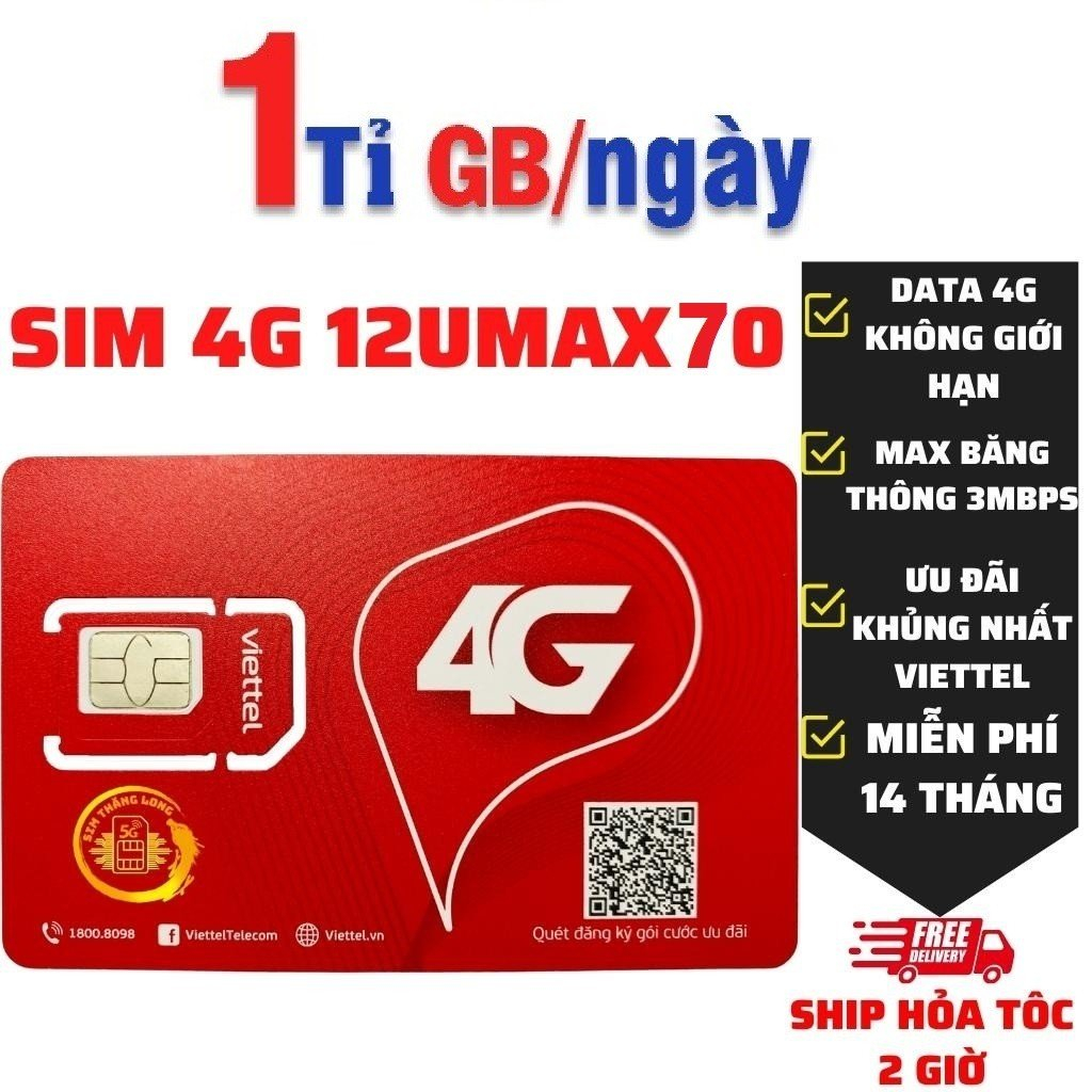 Sim 4G Viettel Trọn Gói 12 tháng 12UMAX70 12V90B 12MXH100 max băng thông- SIM TỶ DATA KHÔNG GIỚI HẠN