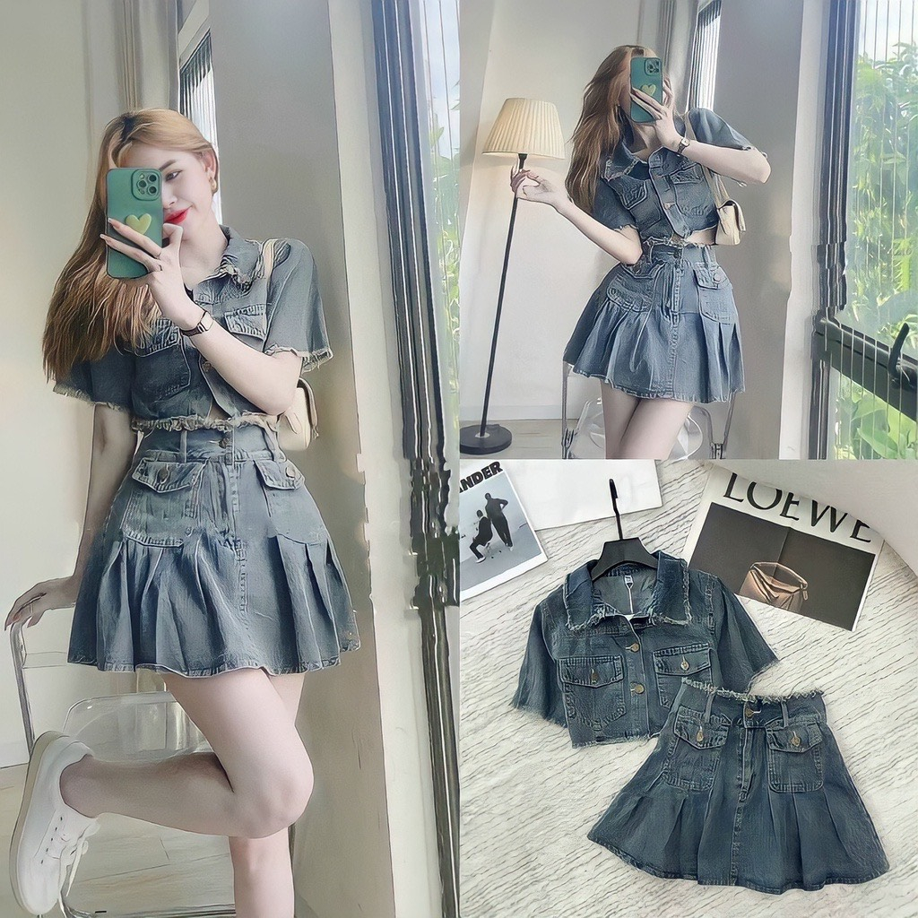 🍒🍒🍒SÉT VÁY JEAN XẾP LY TÚI HỘP KIỂU LƯNG TỰA ÁO CROPTOP LYIE