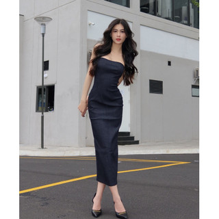 Đầm ống jeans xẻ tà nữ HHVINTAGE dáng dài chất jean denim co dãn Dress 08
