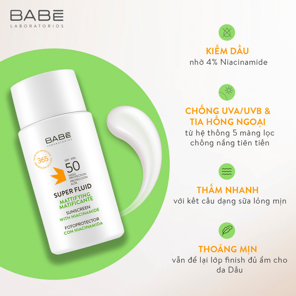 Kem Chống Nắng Phổ Rộng BABE Super Fluid/ Super Fluid Mattifying Sunscreen SPF50 50ml