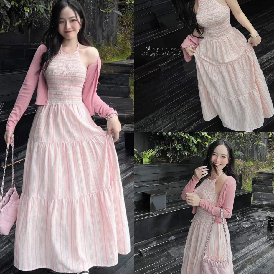 Đầm nữ maxi cổ yếm hai dây đi tiệc,váy bo chun dáng xòe phối áo khoác tay dài mặc sắc hồng cho nàng đi tiệc,đi chơi