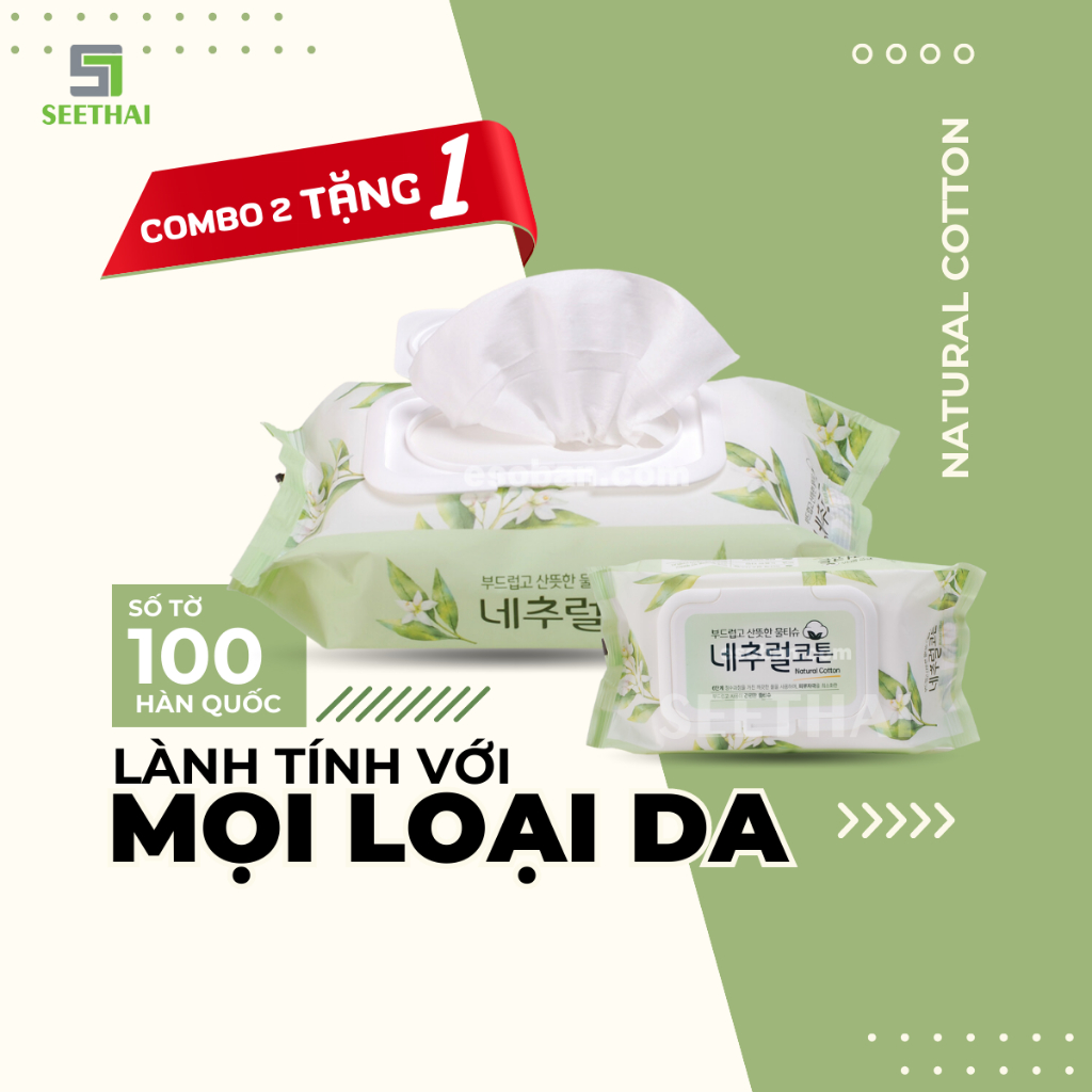 Khăn ướt thấm hút nhanh NATURAL COTTON Hàn Quốc - túi 100 tờ
