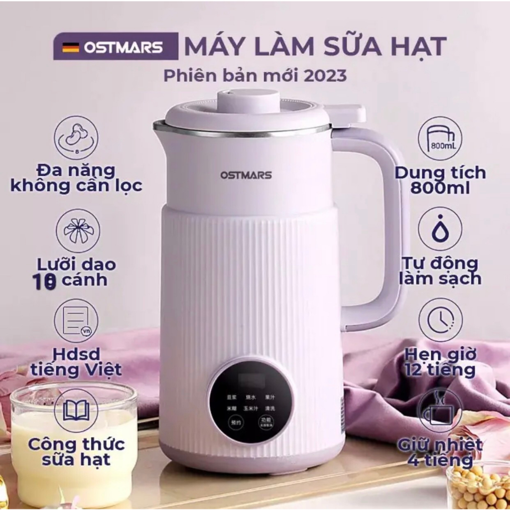 Máy Làm Sữa Hạt Ostmars 800ML, Máy Nấu Sữa Hạt 8 Chức Năng, Có Chế Độ Hẹn Giờ Nấu Và Giữ Ấm, Công Suất 600W