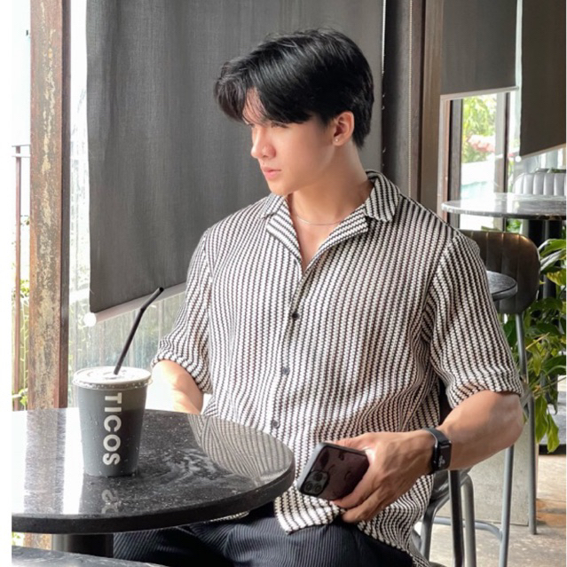 Áo sơ mi ngắn tay cuban Robus chất cotton lưới sọc đen trắng Coco shirt