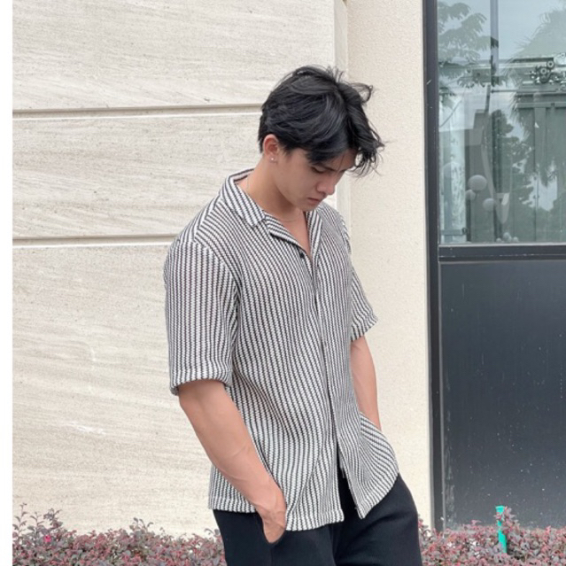 Áo sơ mi ngắn tay cuban Robus chất cotton lưới sọc đen trắng Coco shirt