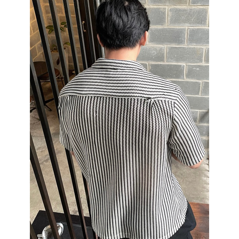 Áo sơ mi ngắn tay cuban Robus chất cotton lưới sọc đen trắng Coco shirt