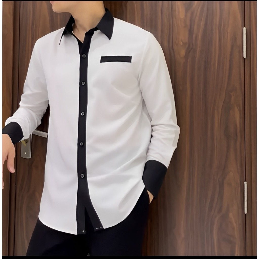 Áo Sơ Mi Nam Dài Tay Phối Màu Cao Cấp Chất Co Dãn Chuẩn Đẹp .