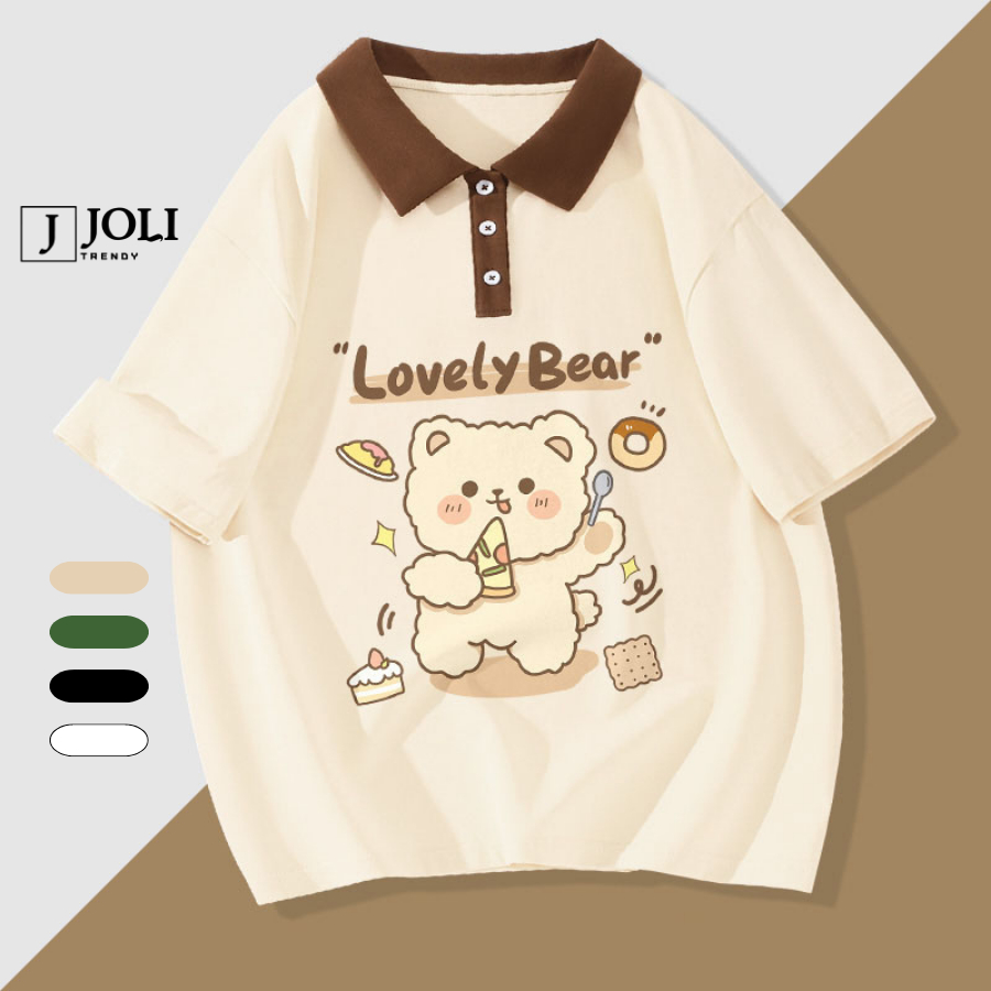 Áo Polo Nữ, Polo Unisex By JOLI Mã PL Gấu Lovely Form Rộng Tay Lỡ Cho Nam Nữ