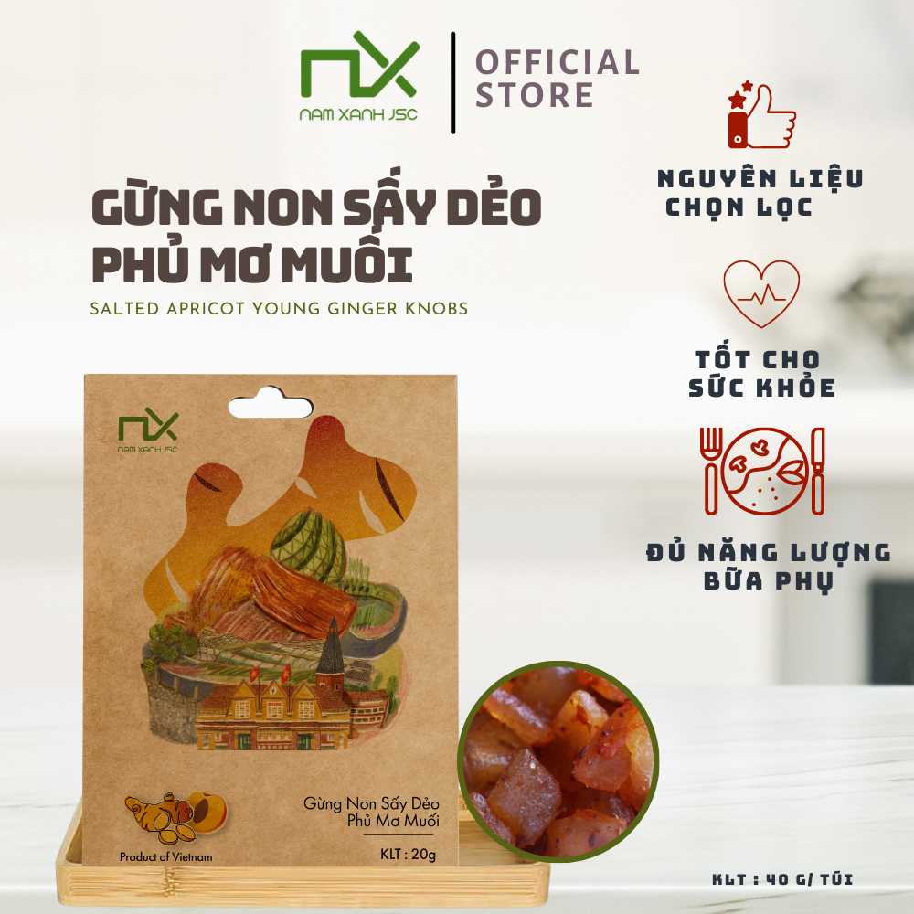 Gừng Non Sấy Dẻo Phủ Mơ Muối Nam Xanh Túi 40g