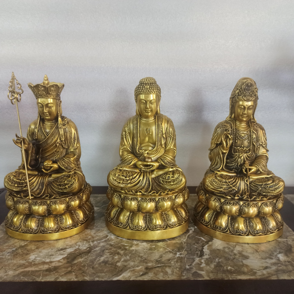 Bộ Tượng Ta Bà (Sa Bà) Tam Thánh bằng đồng 29cm hàng kỹ, Adida phật, Quan Thế Âm bồ tát, Địa tạng vương bồ tát
