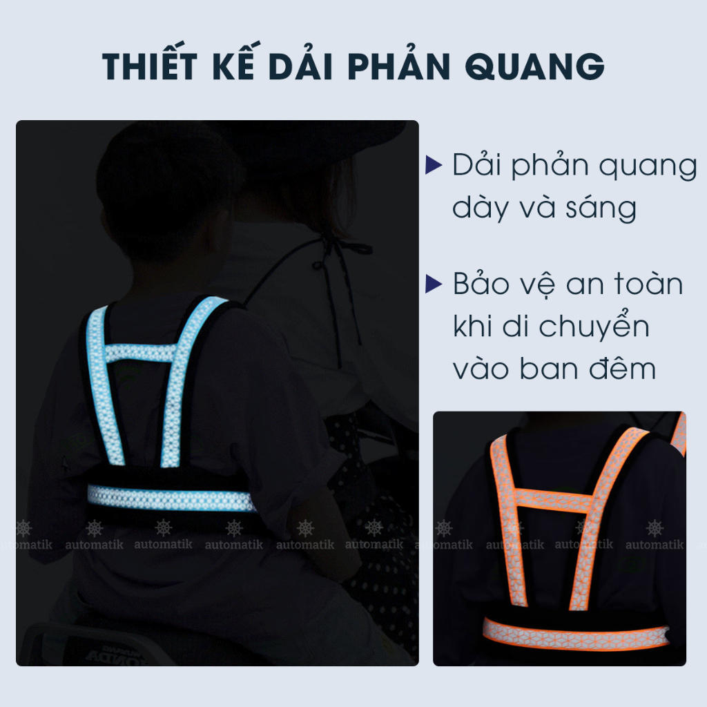 Đai Đi Xe Máy Cho Bé, Đai An Toàn Cho Bé Ngồi Xe Máy Trước Sau, 1 - 10 Tuổi, Viền Phản Quang, Thoáng Khí - Automatik