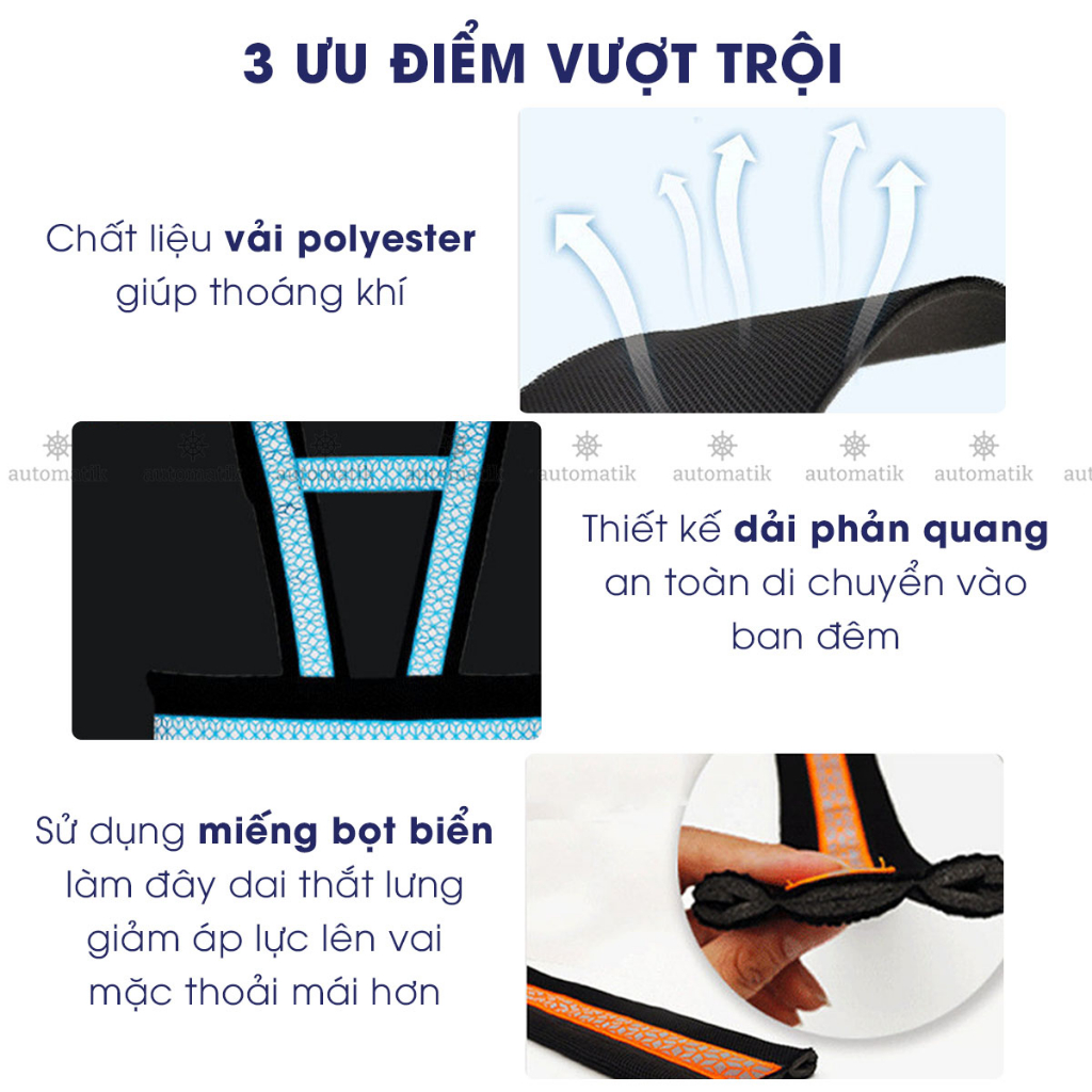 Đai Đi Xe Máy Cho Bé, Đai An Toàn Cho Bé Ngồi Xe Máy Trước Sau, 1 - 10 Tuổi, Viền Phản Quang, Thoáng Khí - Automatik