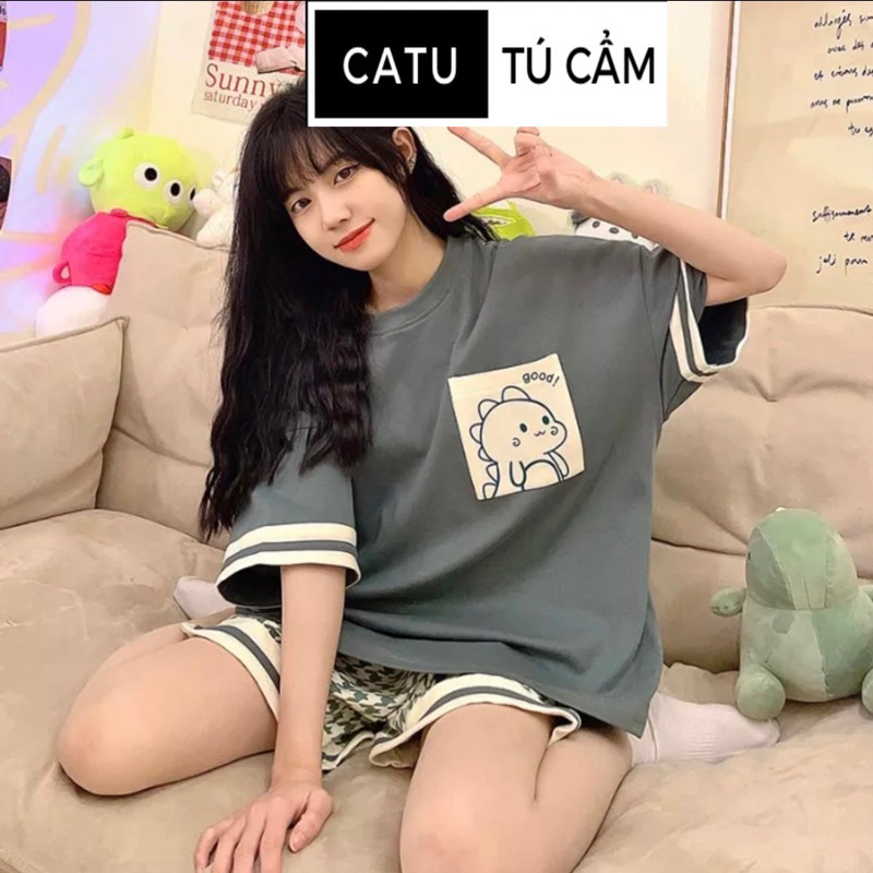Bộ đồ ngủ mặc nhà cộc tay thun nhún hot 2022 CATU Tú Cẩm