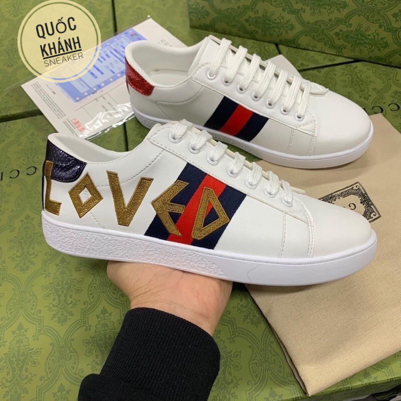 Giày Gucci Love,  Giày Thể Thao Gucci Chun + GC ong vàng rắn thêu Hàng Cao Cấp  Vanil Full Box Xanh