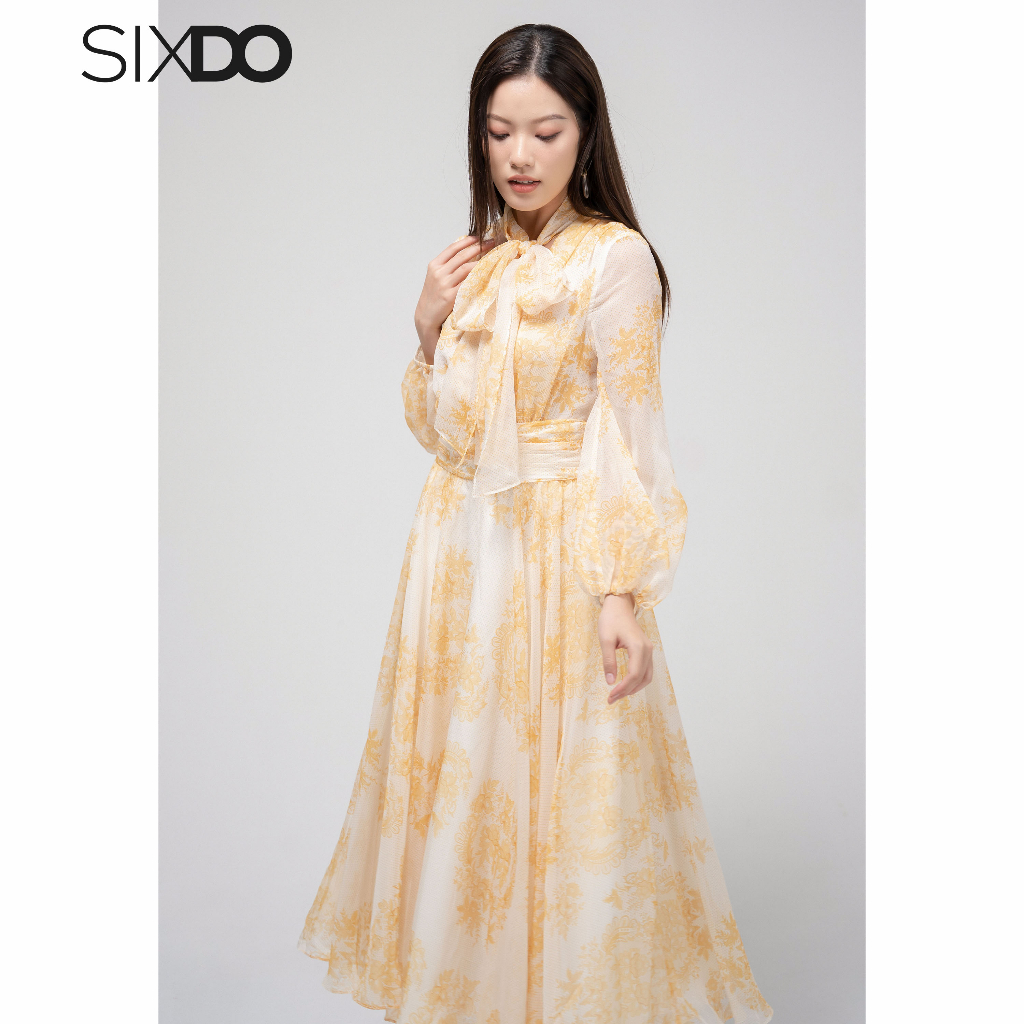 Đầm voan dài tay bo chum họa tiết hoa SIXDO (Yellow Floral Bowtie Midi Voile Dress)