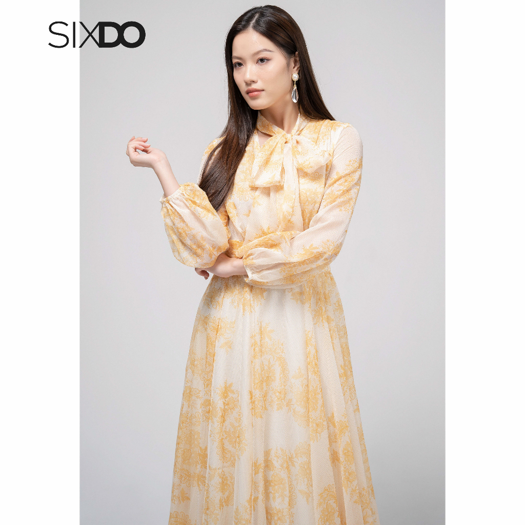 Đầm voan dài tay bo chum họa tiết hoa SIXDO (Yellow Floral Bowtie Midi Voile Dress)