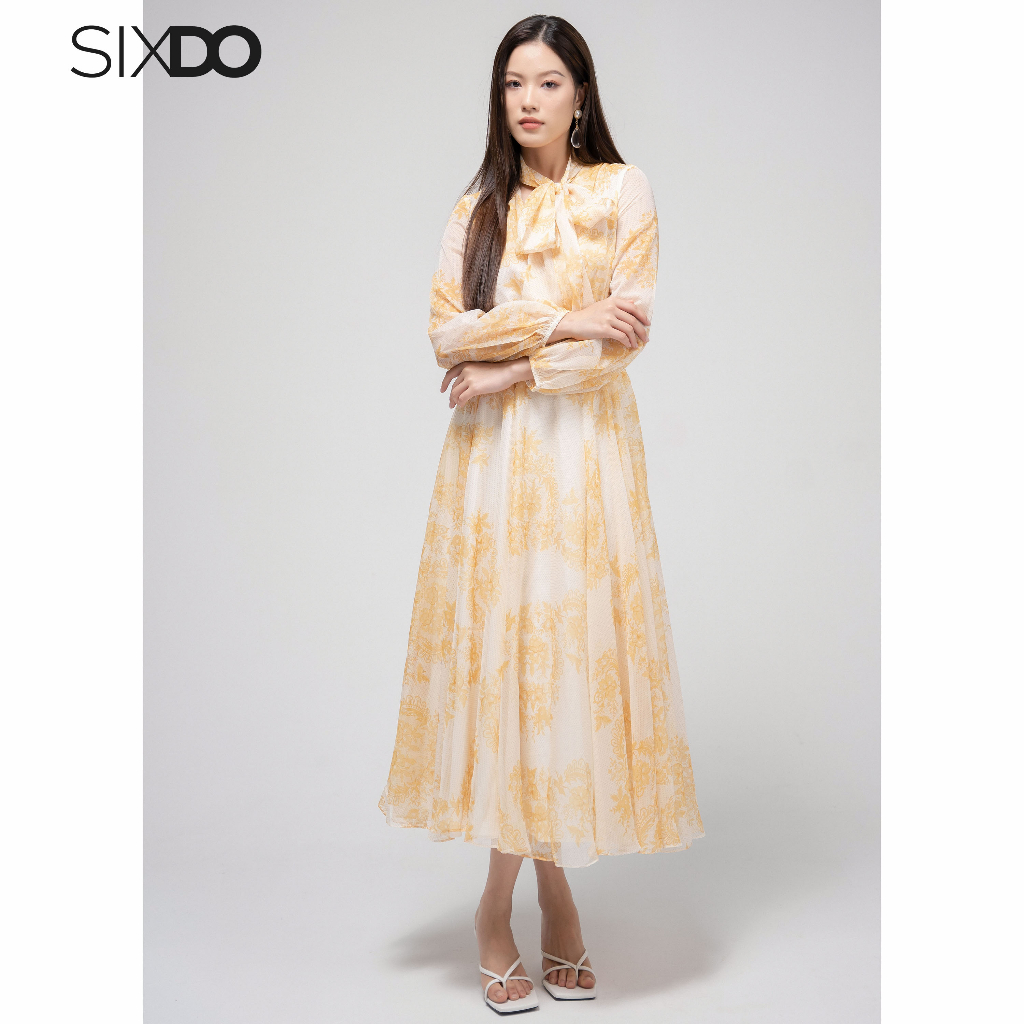 Đầm voan dài tay bo chum họa tiết hoa SIXDO (Yellow Floral Bowtie Midi Voile Dress)