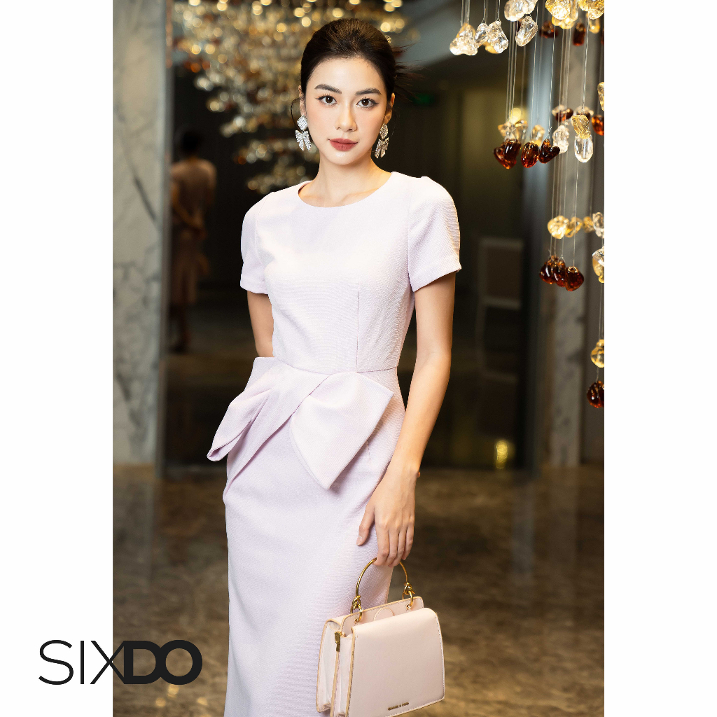 Đầm hồng thô dáng bút chì phối nơ eo SIXDO
