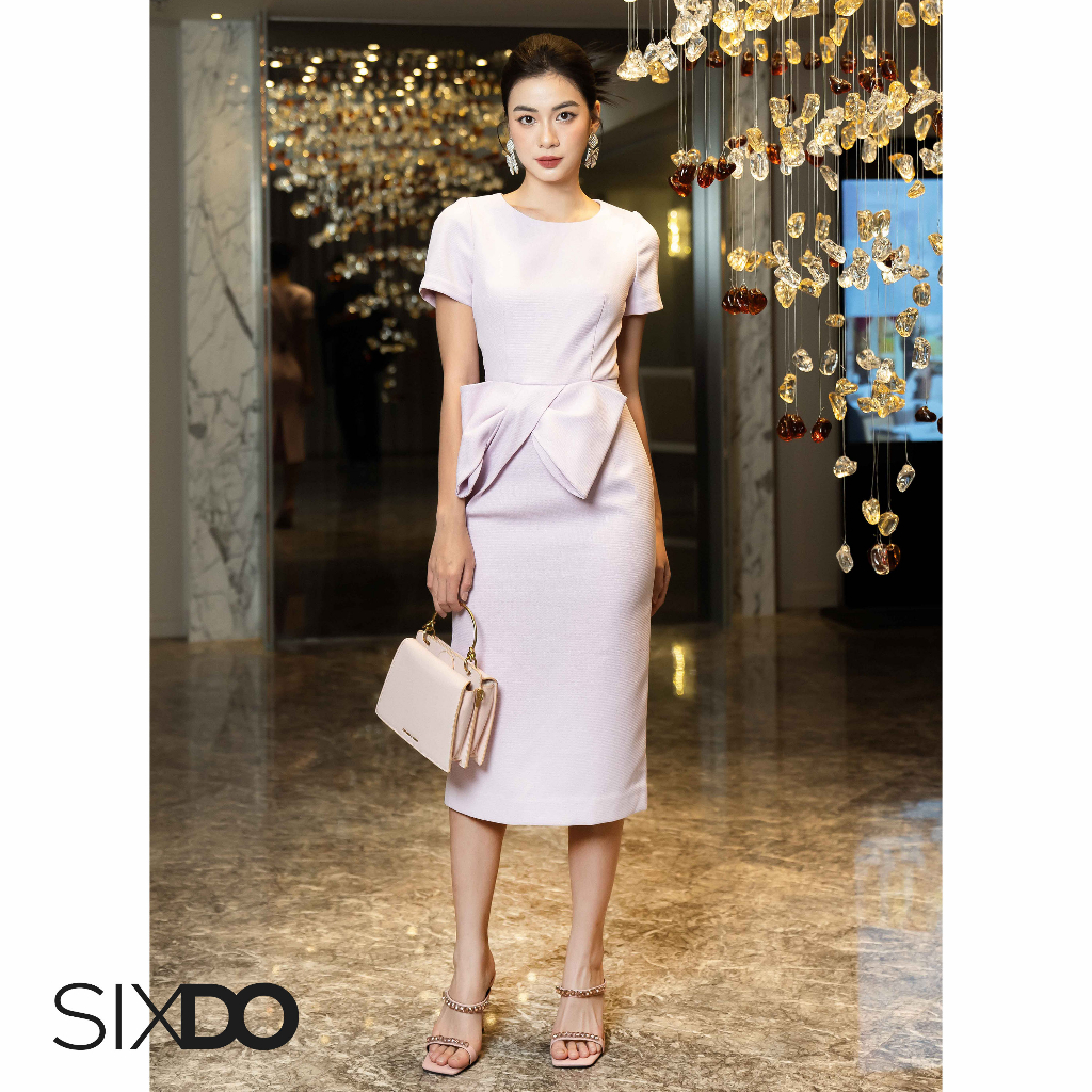 Đầm hồng thô dáng bút chì phối nơ eo SIXDO