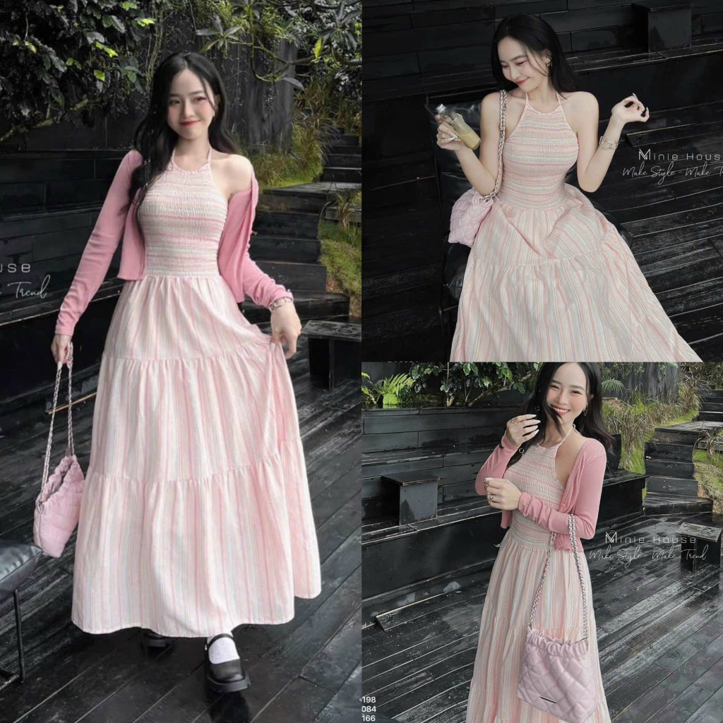 Đầm váy nữ maxi xòe linen sọc cổ yếm nhún tầng xinh xắn kèm khoác borip dành cho các tình yêu đi dự tiệc, đi biển