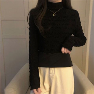 Áo len giữ nhiệt vân nổi dạng lưới cổ cao lót lông thu đông