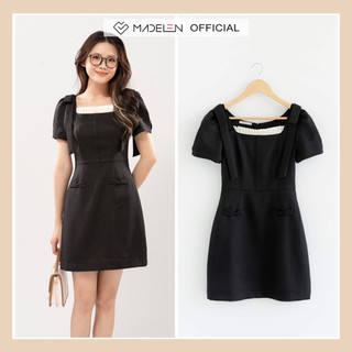 Váy đen liền nữ ngắn tay mix nơ vai MADELEN