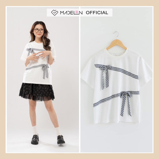 Áo thun trắng freesize mix nơ kẻ gingham MADELEN