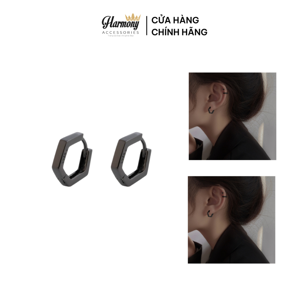 Khuyên tai nữ bạc 925 lục giác đen đơn giản unisex (1 chiếc) | HARMONY ACCESSORIES KN92
