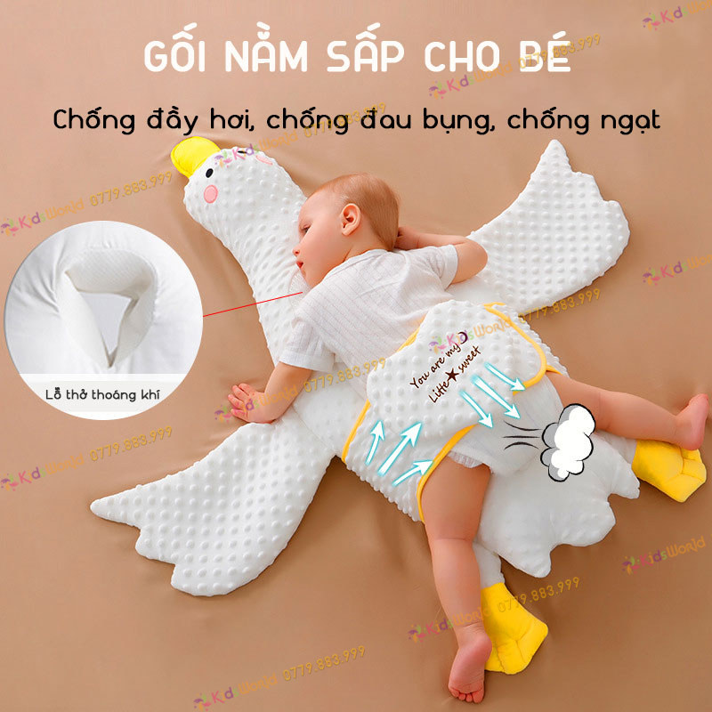 Gối vịt trắng nằm sấp cho bé KidAndMom chống đau bụng, đầy hơi cho bé, có lỗ thoáng khí kích thước 97x86 cm