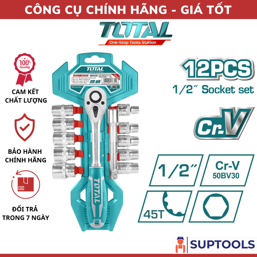 Bộ 12 cái socket (1/2 inch) & cần 2 chiều TOTAL THT141121 (Đồ nghề Chính Hãng)