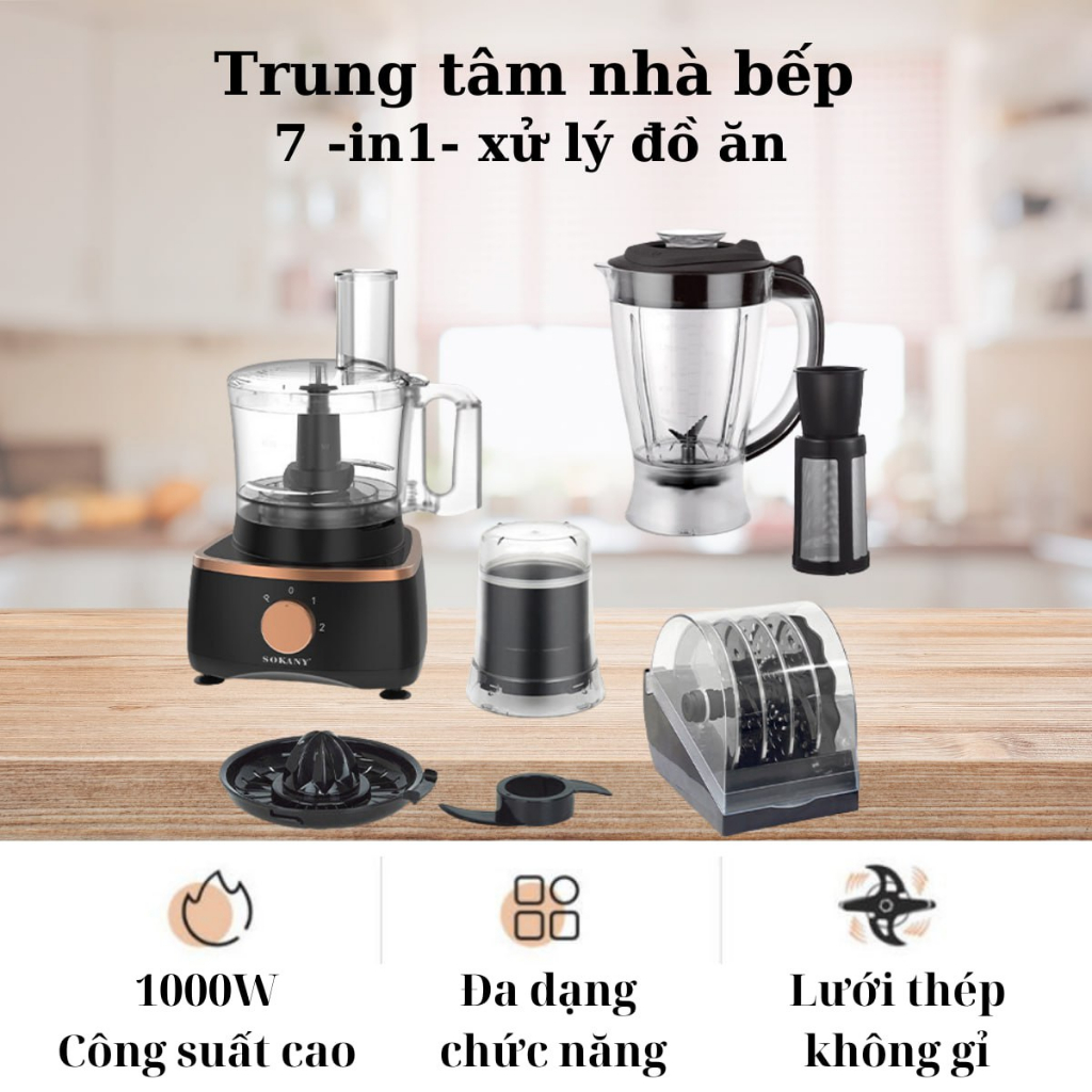 Máy Xay Ép Đa Năng 7 trong 1 SOKANY SK7040 xay sinh tố, ngũ cốc, xay thịt, ép trái cây, đánh trứng, cắt lát, bào sợi