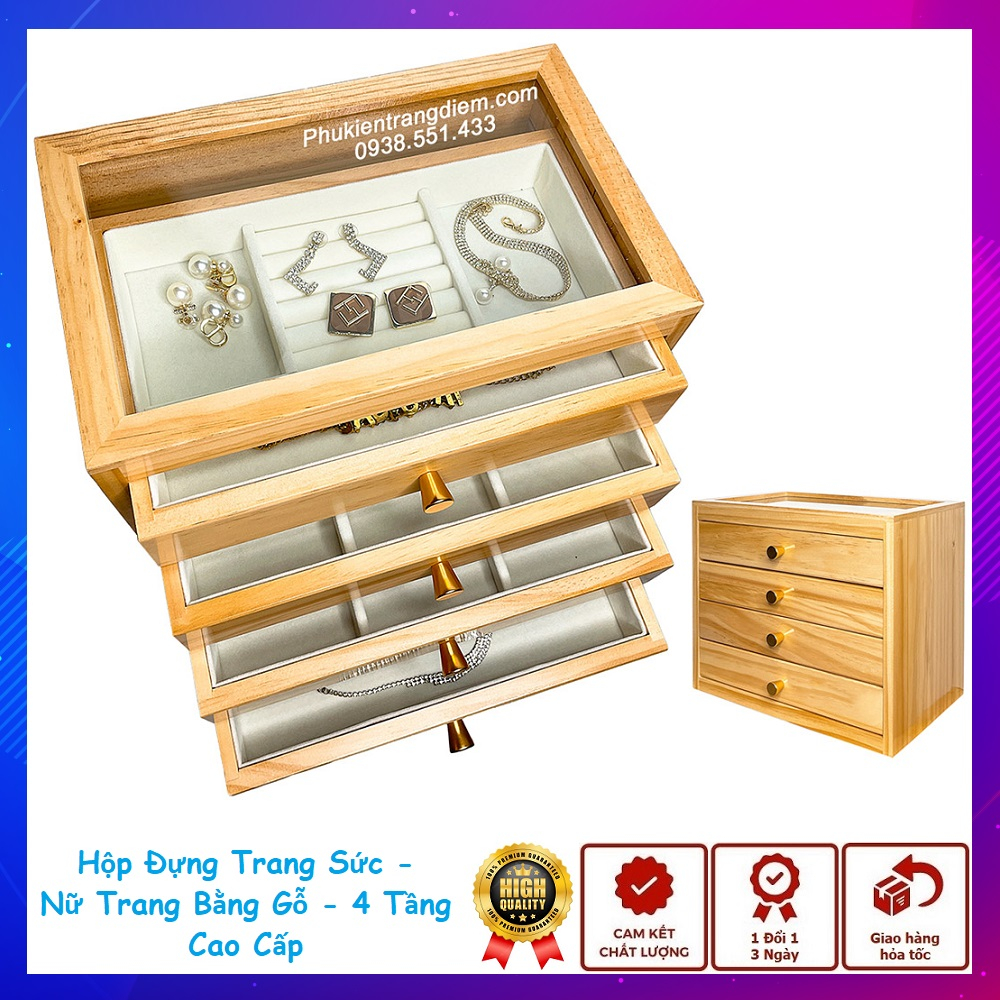 Hộp Đựng Nữ Trang - Phụ Kiện Trang Sức Để Bàn 4 Tầng Nắp Kính - Tủ Để Trang Sức Mini Nhỏ Gọn 4 Ngăn Kéo Lót Nhung