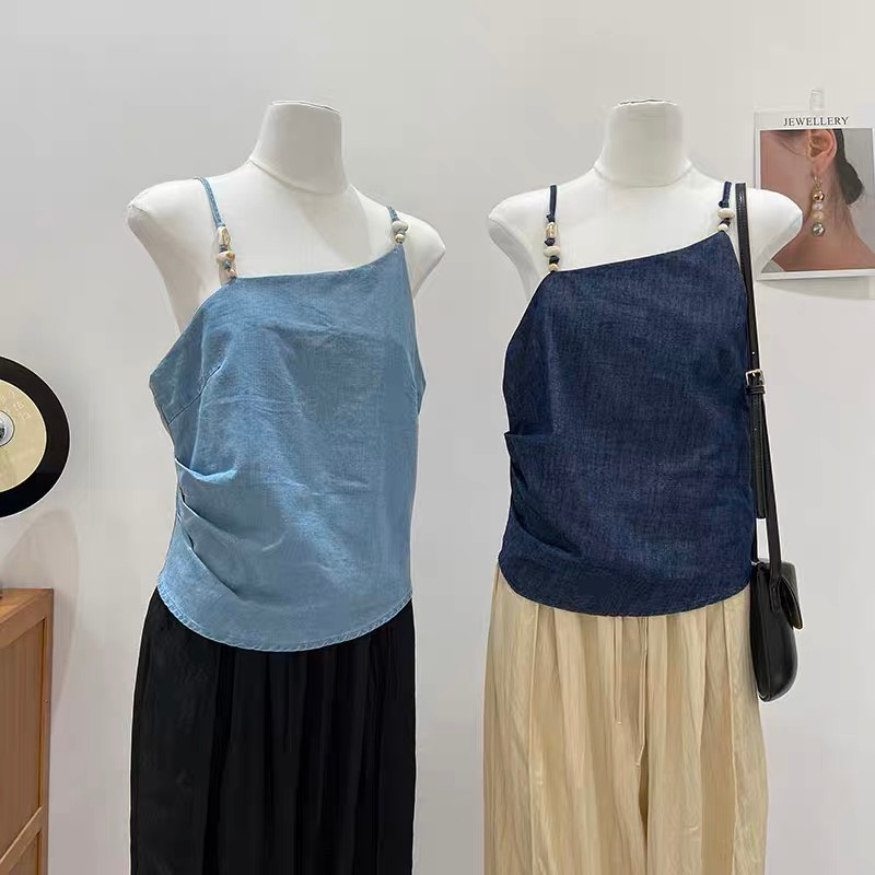Áo kiểu jeans XONXEN SHOP QUY NHƠN QC 2 dây lệch nhíu bên,chất jeans mỏng nhẹ ,không nóng mã 8060