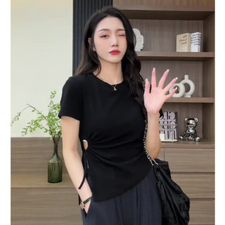 Áo thun tay trơn rút dây eo vạt chéo, áo nữ kiểu rút dây cổ tròn