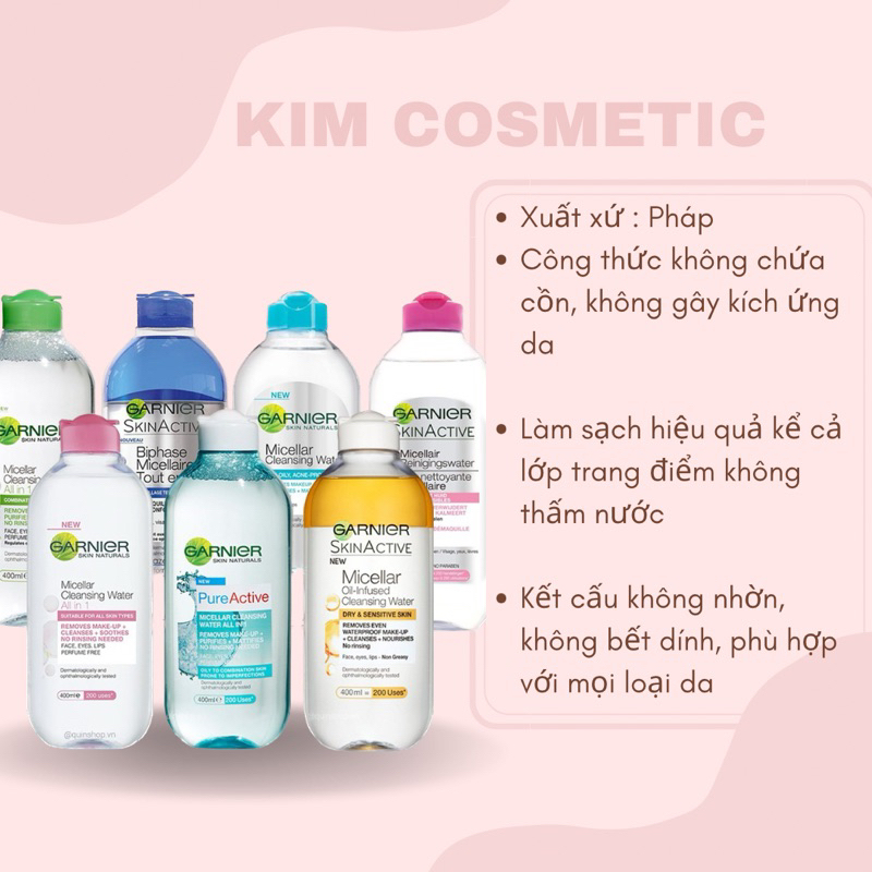 Nước Tẩy Trang Làm Dịu Da Garnier Micellar Cleansing Water Biphase Micellaire toul en 1 Pháp 400ml- Kim Cosmetic