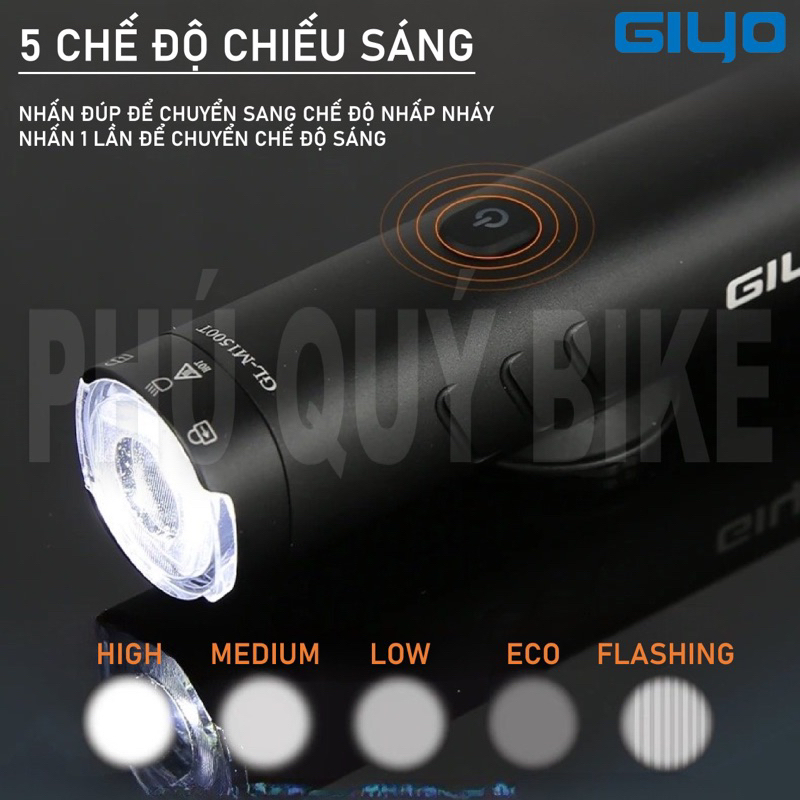 Đèn Pha Trước Xe Đạp GIYO Độ Sáng 400 / 800 / 1200 / 1500LUMEN Chống Nước Sạc TypeC