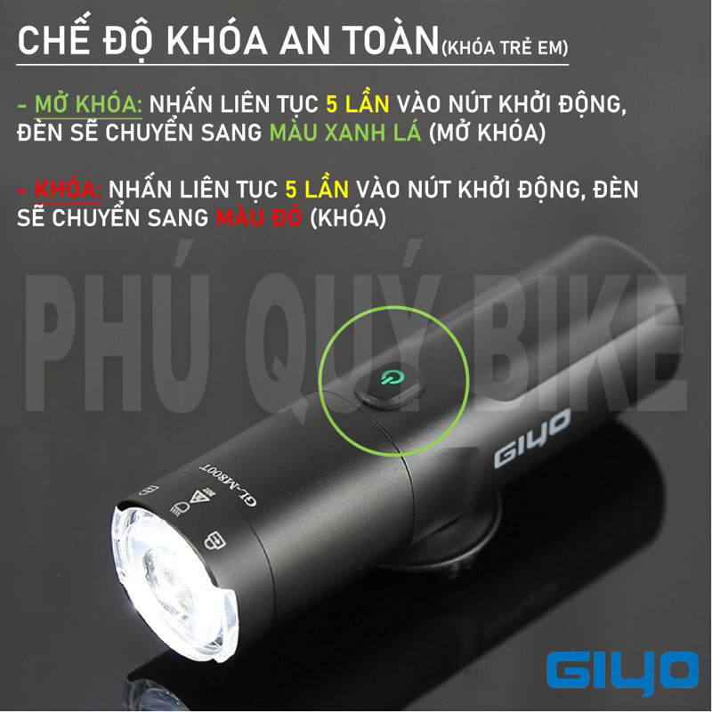 Đèn Pha Trước Xe Đạp GIYO Độ Sáng 400 / 800 / 1200 / 1500LUMEN Chống Nước Sạc TypeC