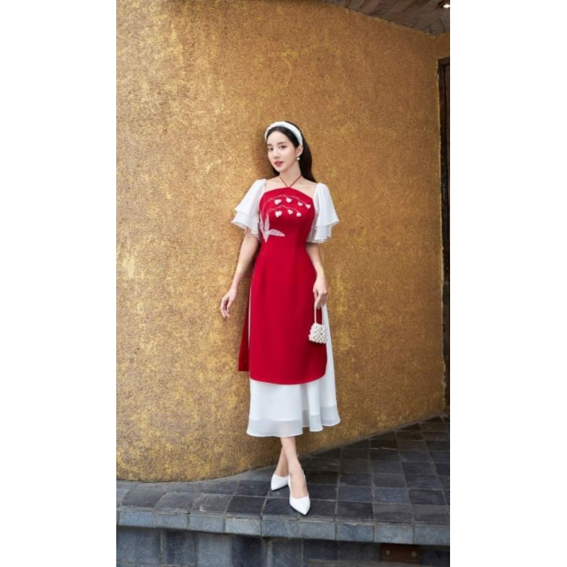 Áo dài nữ💝FREESHIP💝 Áo dài cách tân kèm chân váy cổ yếm tay bèo trắng