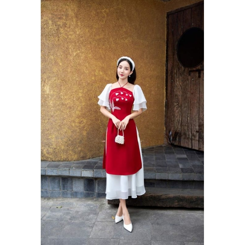 Áo dài nữ💝FREESHIP💝 Áo dài cách tân kèm chân váy cổ yếm tay bèo trắng